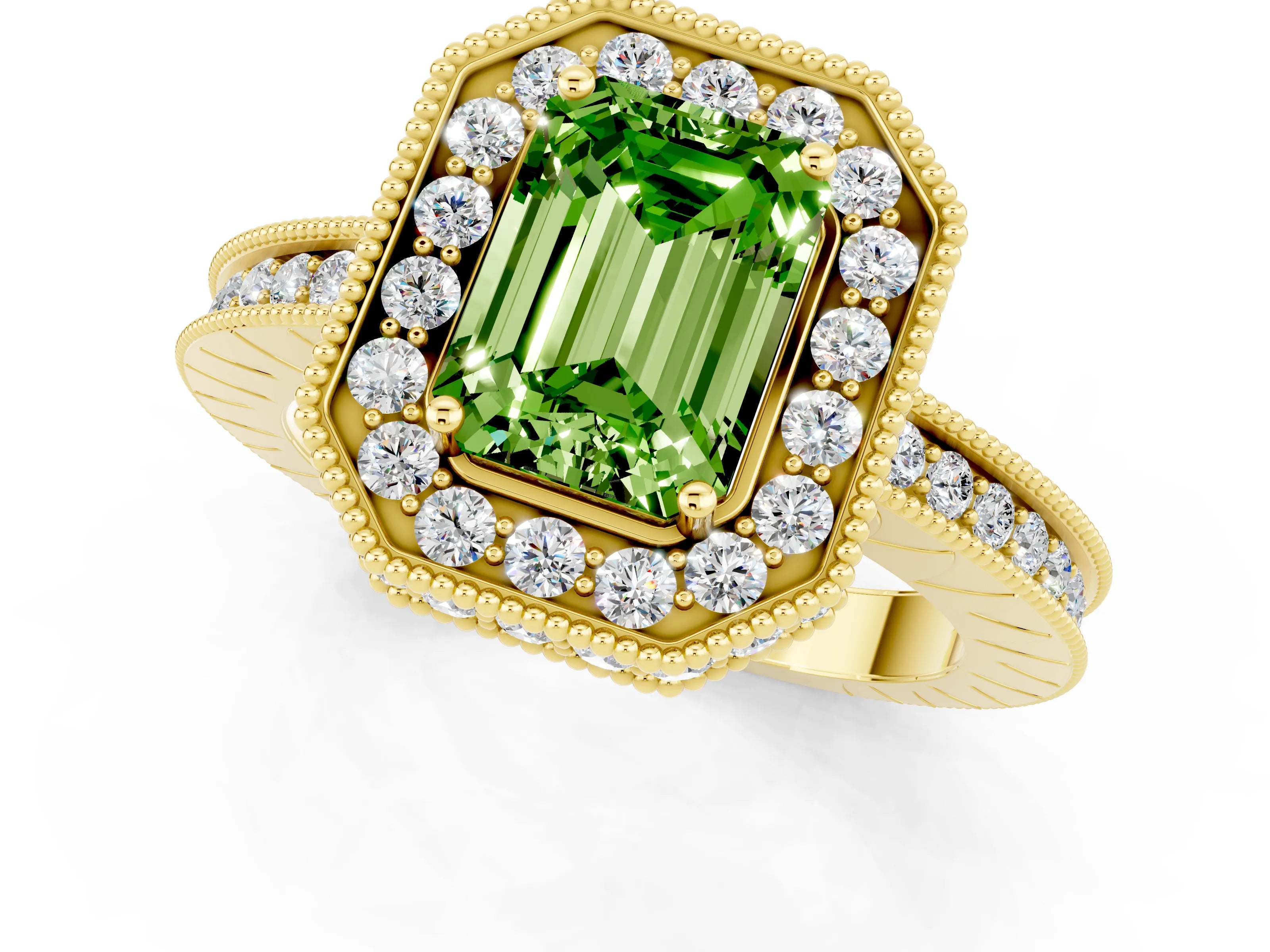 Yellow gold Emerald Cut Halo Diamond Engagement Ring with Milgrain Pave Band and Four-Prong Setting_1