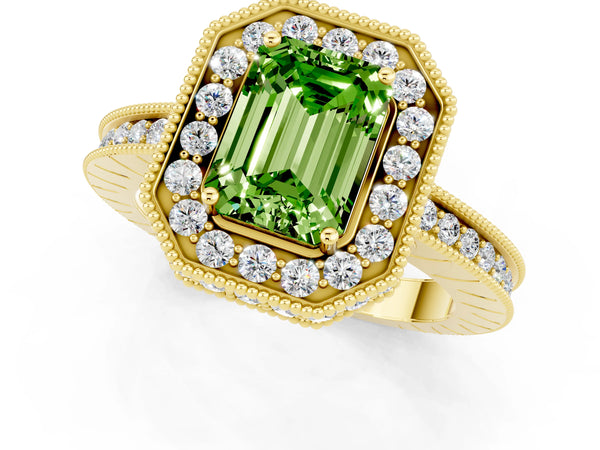 Yellow gold Emerald Cut Halo Diamond Engagement Ring with Milgrain Pave Band and Four-Prong Setting
