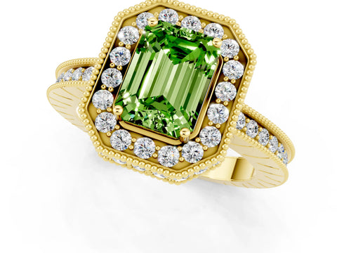 Yellow gold Emerald Cut Halo Diamond Engagement Ring with Milgrain Pave Band and Four-Prong Setting_1