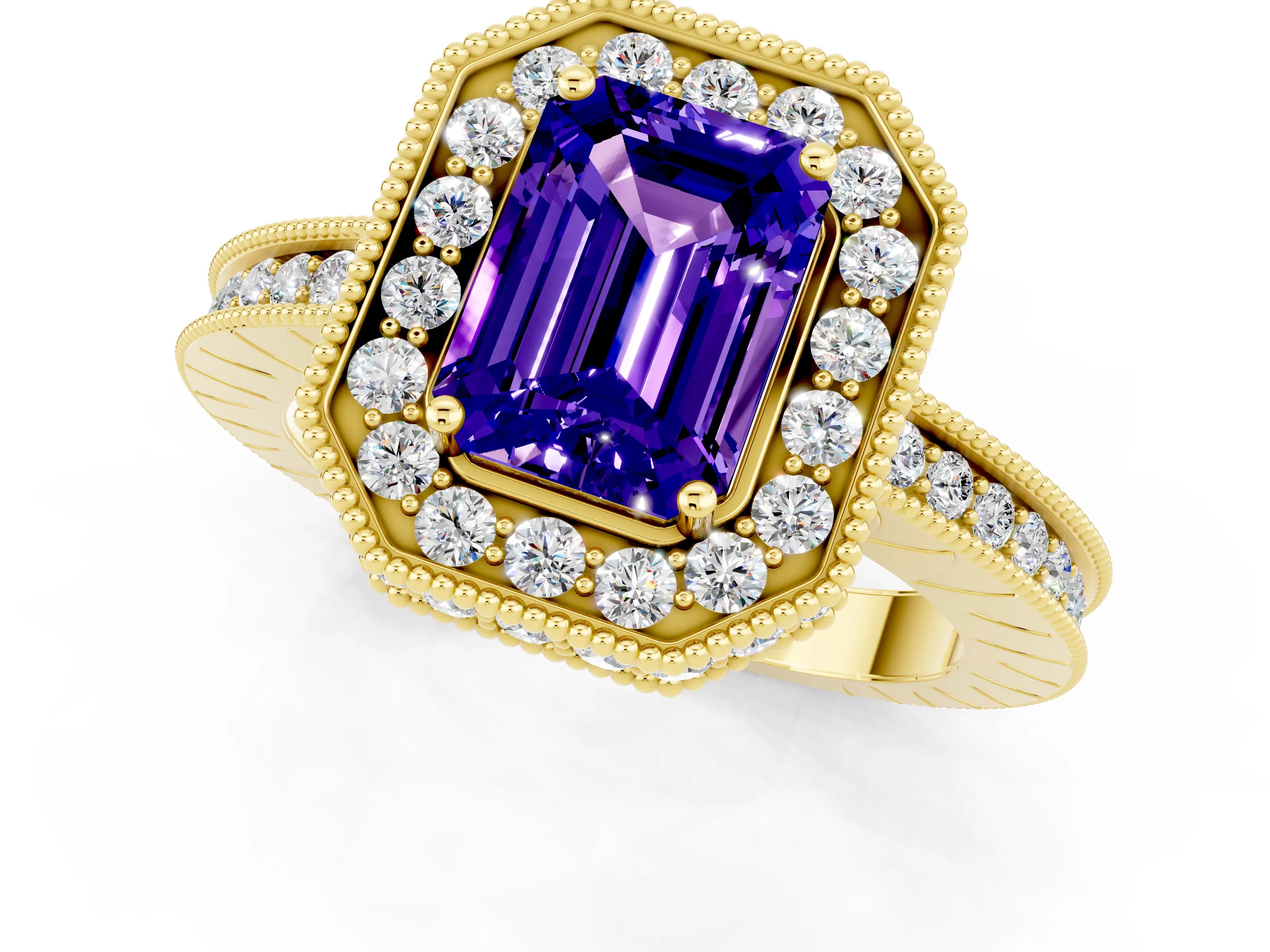 Yellow gold Emerald Cut Halo Diamond Engagement Ring with Milgrain Pave Band and Four-Prong Setting_1