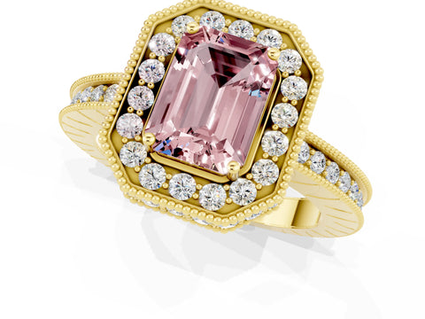 Yellow gold Emerald Cut Halo Diamond Engagement Ring with Milgrain Pave Band and Four-Prong Setting_1