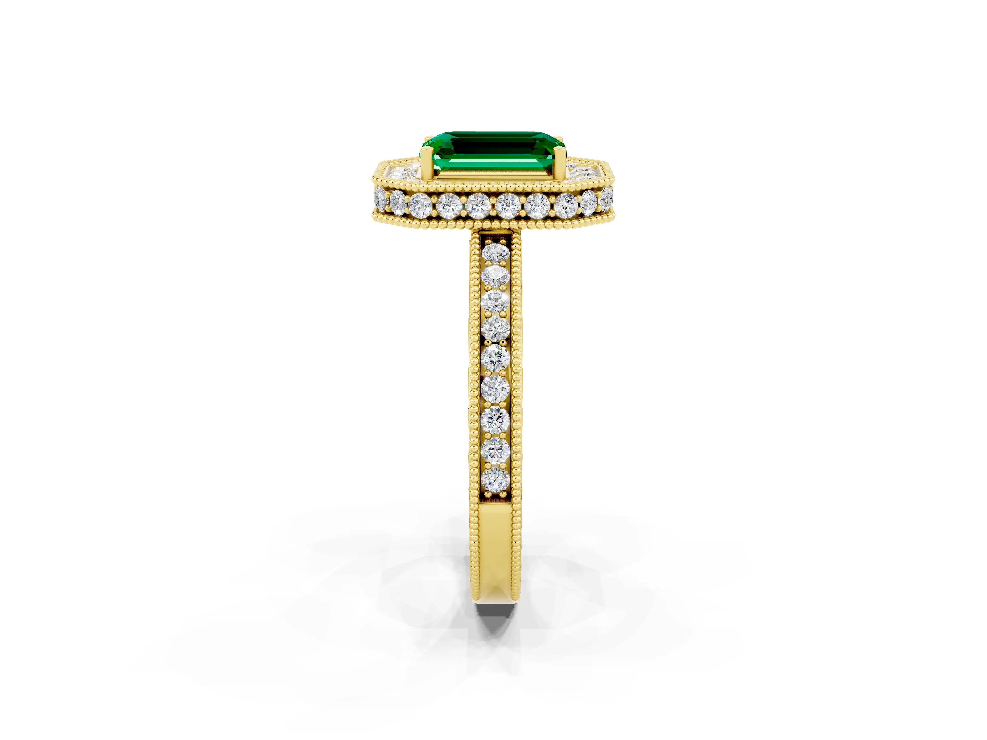 Yellow gold Emerald Cut Halo Diamond Engagement Ring with Milgrain Pave Band and Four-Prong Setting_2