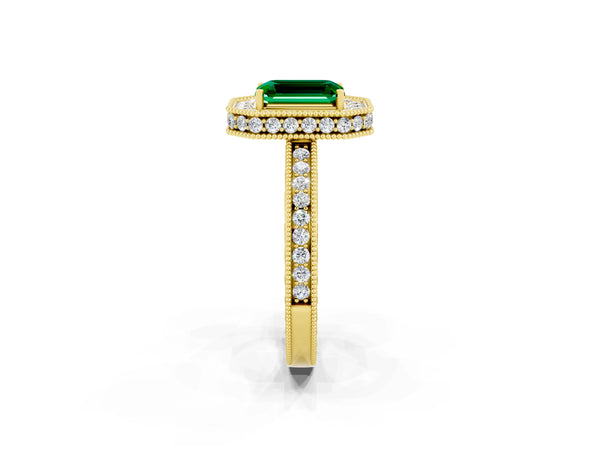 Yellow gold Emerald Cut Halo Diamond Engagement Ring with Milgrain Pave Band and Four-Prong Setting