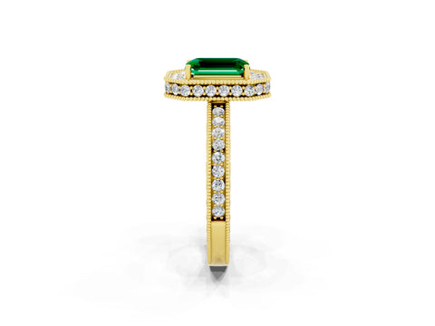 Yellow gold Emerald Cut Halo Diamond Engagement Ring with Milgrain Pave Band and Four-Prong Setting_2