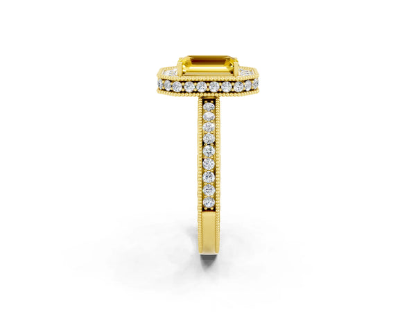 Yellow gold Emerald Cut Halo Diamond Engagement Ring with Milgrain Pave Band and Four-Prong Setting