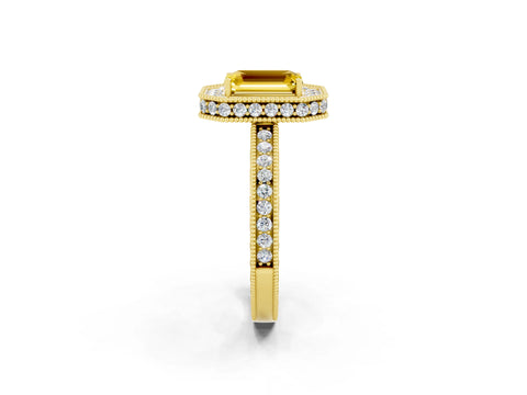 Yellow gold Emerald Cut Halo Diamond Engagement Ring with Milgrain Pave Band and Four-Prong Setting_2