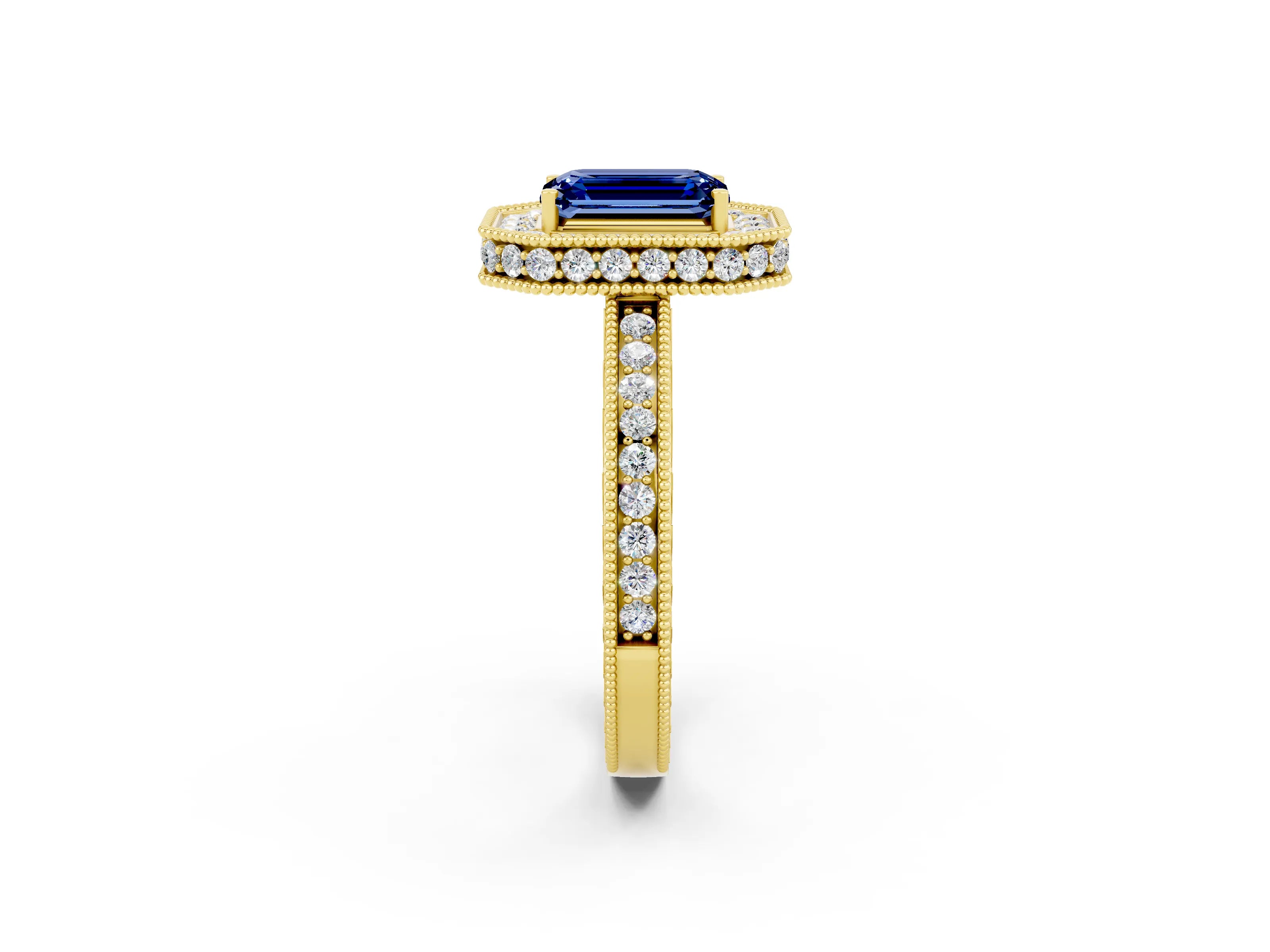 Yellow gold Emerald Cut Halo Diamond Engagement Ring with Milgrain Pave Band and Four-Prong Setting_2
