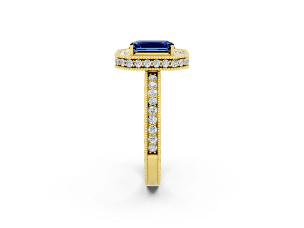 Yellow gold Emerald Cut Halo Diamond Engagement Ring with Milgrain Pave Band and Four-Prong Setting