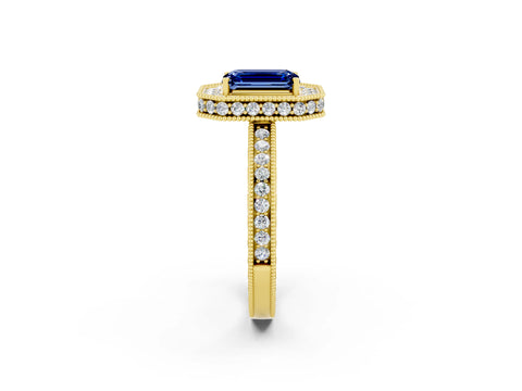 Yellow gold Emerald Cut Halo Diamond Engagement Ring with Milgrain Pave Band and Four-Prong Setting_2