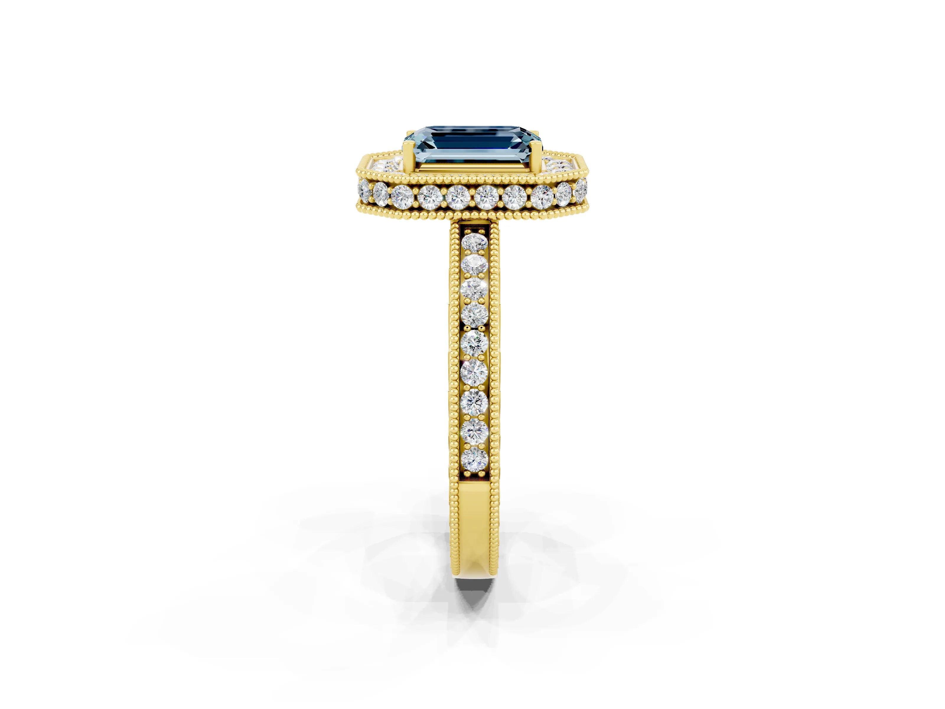 Yellow gold Emerald Cut Halo Diamond Engagement Ring with Milgrain Pave Band and Four-Prong Setting_2