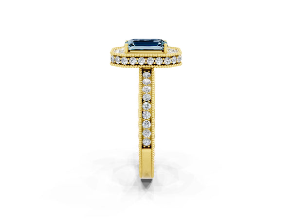 Yellow gold Emerald Cut Halo Diamond Engagement Ring with Milgrain Pave Band and Four-Prong Setting
