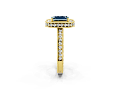 Yellow gold Emerald Cut Halo Diamond Engagement Ring with Milgrain Pave Band and Four-Prong Setting_2