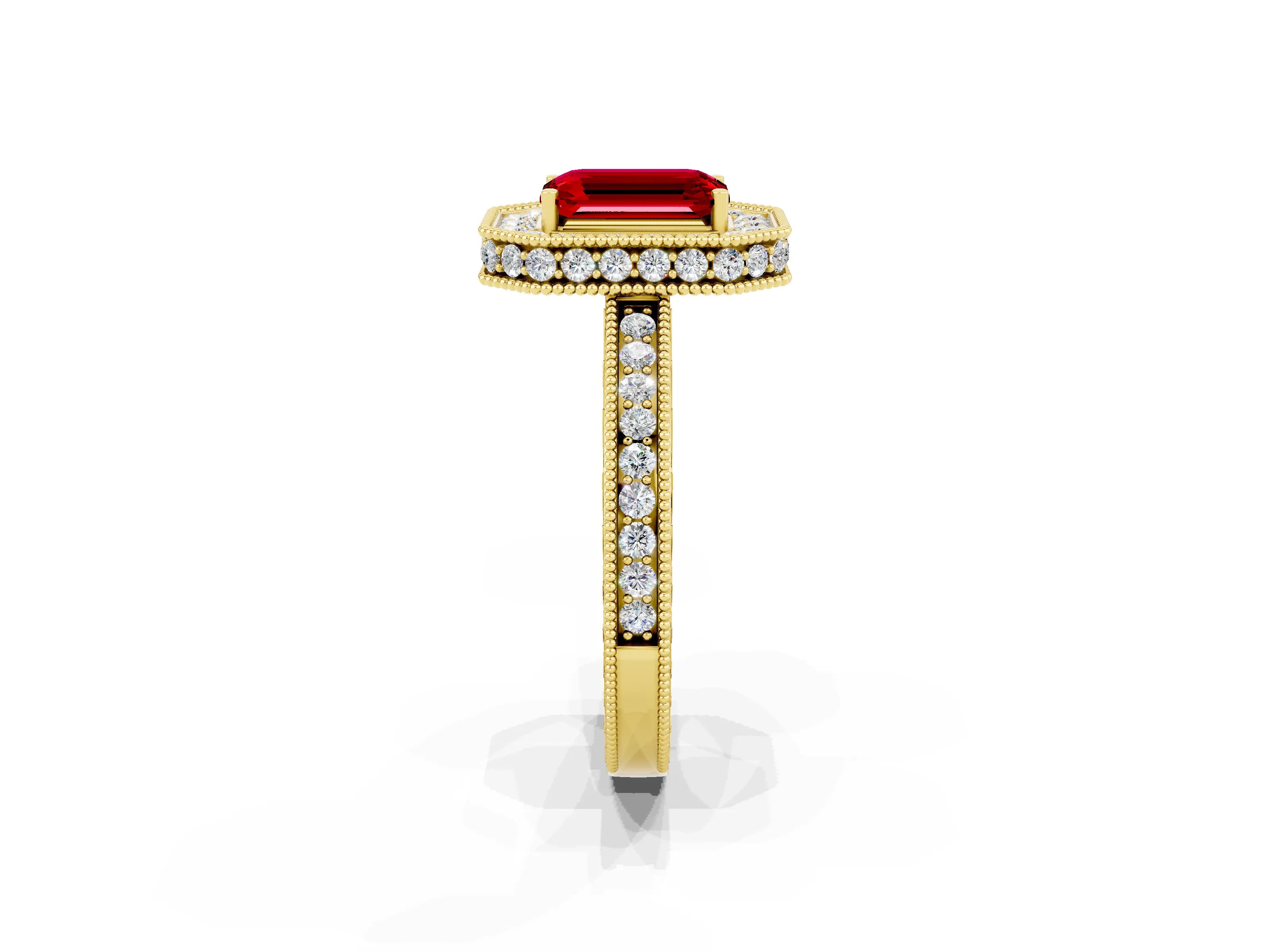 Yellow gold Emerald Cut Halo Diamond Engagement Ring with Milgrain Pave Band and Four-Prong Setting_2