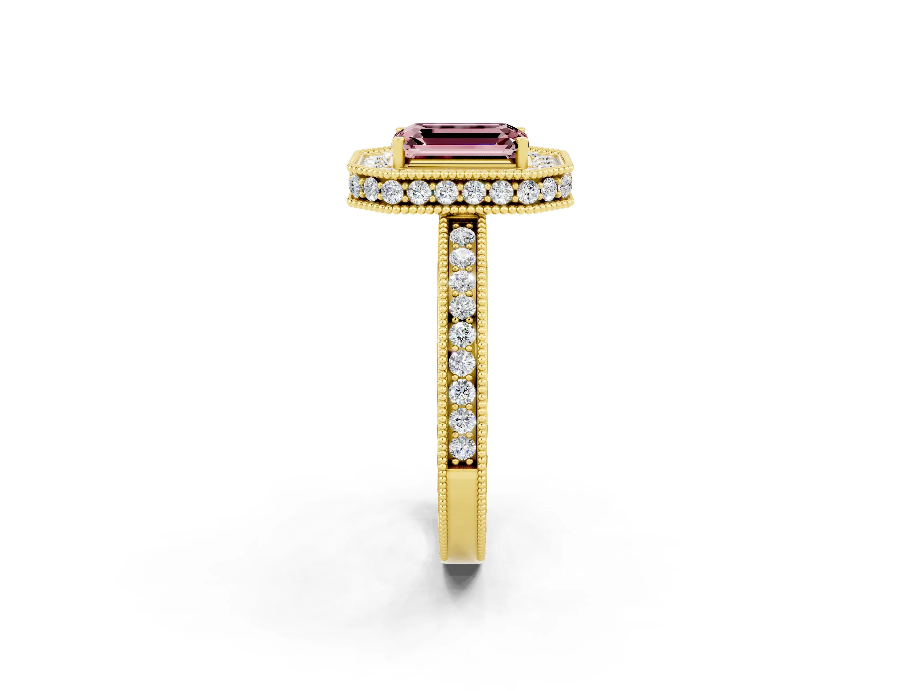 Yellow gold Emerald Cut Halo Diamond Engagement Ring with Milgrain Pave Band and Four-Prong Setting_2