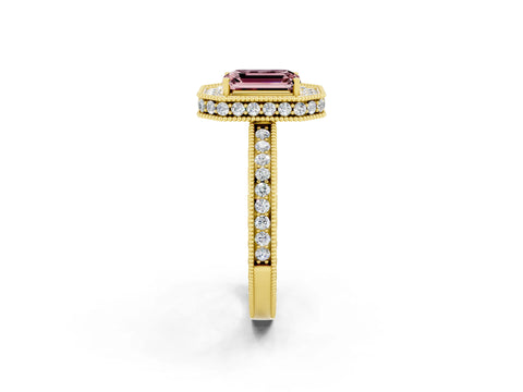 Yellow gold Emerald Cut Halo Diamond Engagement Ring with Milgrain Pave Band and Four-Prong Setting_2
