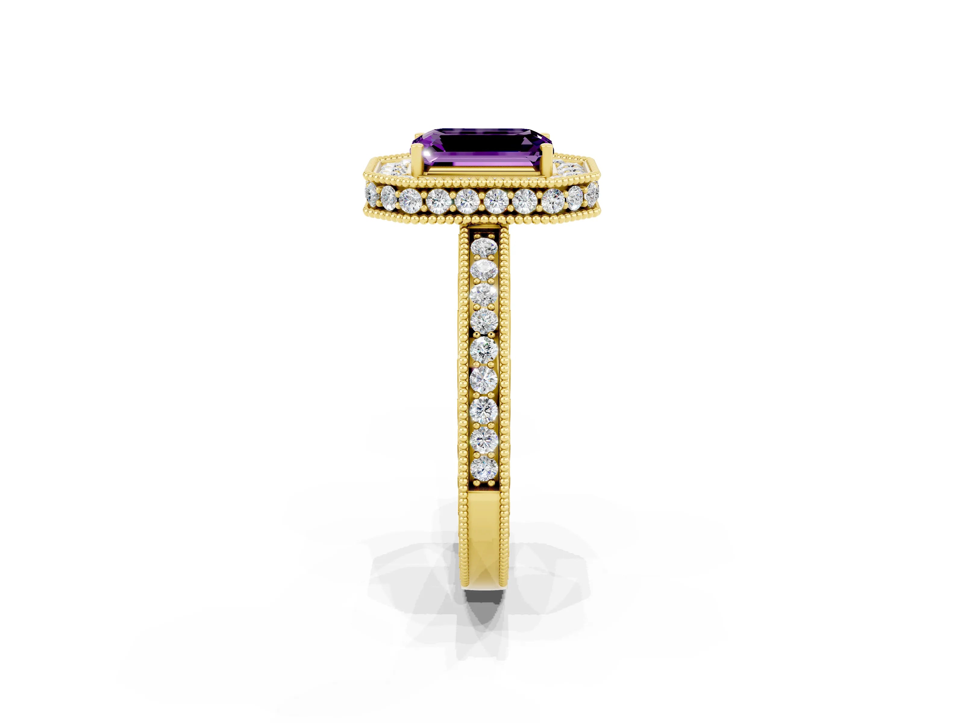 Yellow gold Emerald Cut Halo Diamond Engagement Ring with Milgrain Pave Band and Four-Prong Setting_2