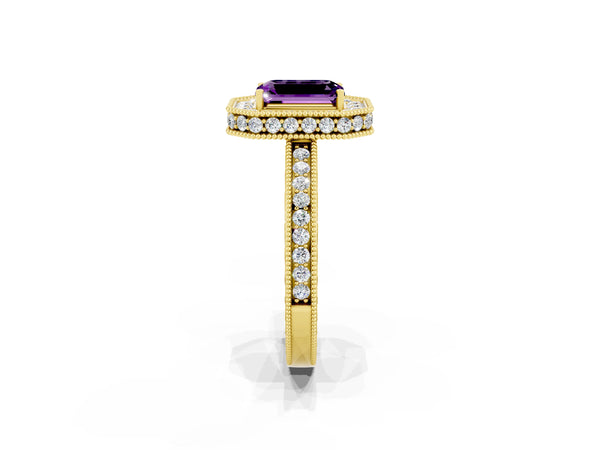 Yellow gold Emerald Cut Amethyst Milgrain Halo Engagement Ring with Round Pavé Band and Prong Setting