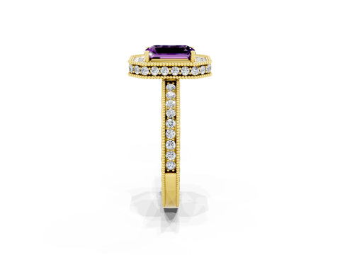 Yellow gold Emerald Cut Halo Diamond Engagement Ring with Milgrain Pave Band and Four-Prong Setting_2