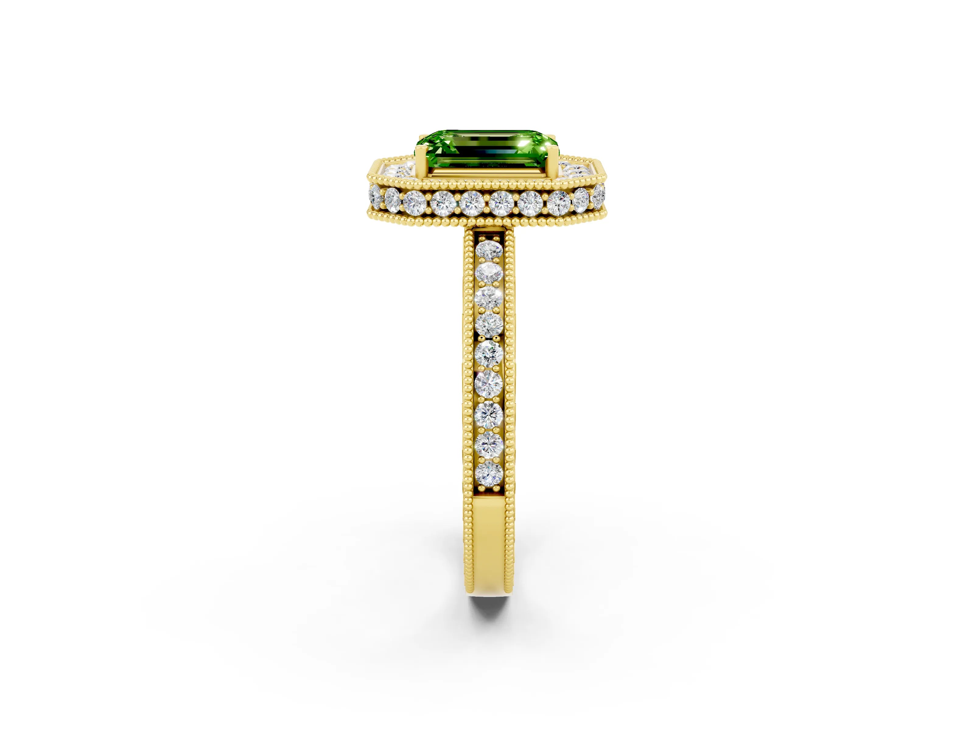 Yellow gold Emerald Cut Halo Diamond Engagement Ring with Milgrain Pave Band and Four-Prong Setting_2