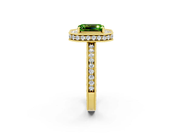 Yellow gold Emerald Cut Halo Diamond Engagement Ring with Milgrain Pave Band and Four-Prong Setting