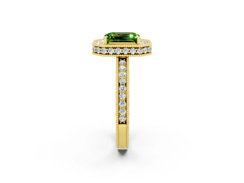 Yellow gold Emerald Cut Halo Diamond Engagement Ring with Milgrain Pave Band and Four-Prong Setting_2