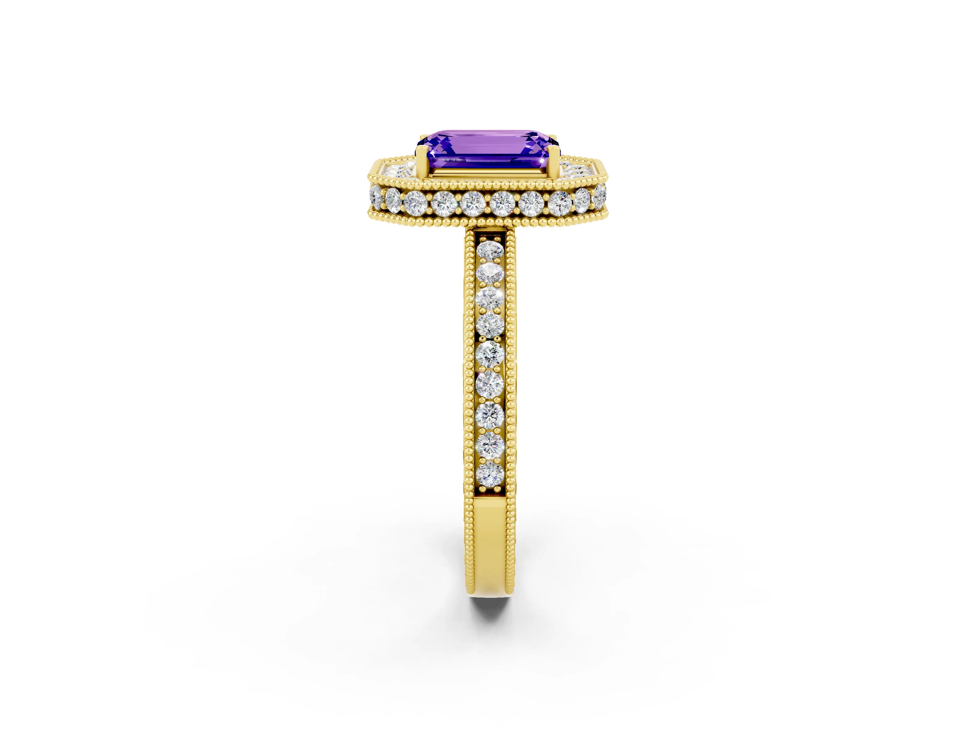 Yellow gold Emerald Cut Halo Diamond Engagement Ring with Milgrain Pave Band and Four-Prong Setting_2