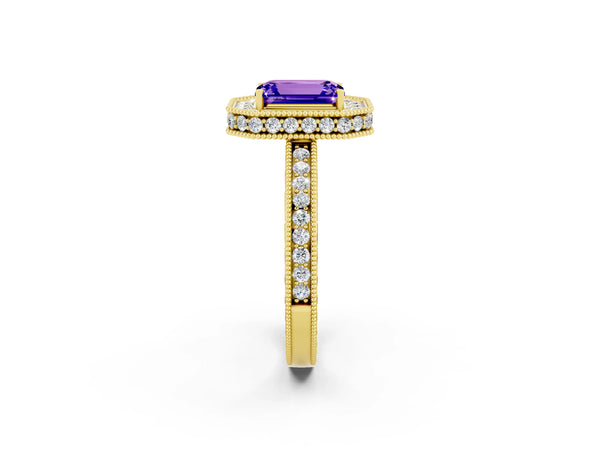 Yellow gold Emerald Cut Halo Diamond Engagement Ring with Milgrain Pave Band and Four-Prong Setting