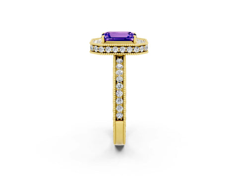 Yellow gold Emerald Cut Halo Diamond Engagement Ring with Milgrain Pave Band and Four-Prong Setting_2