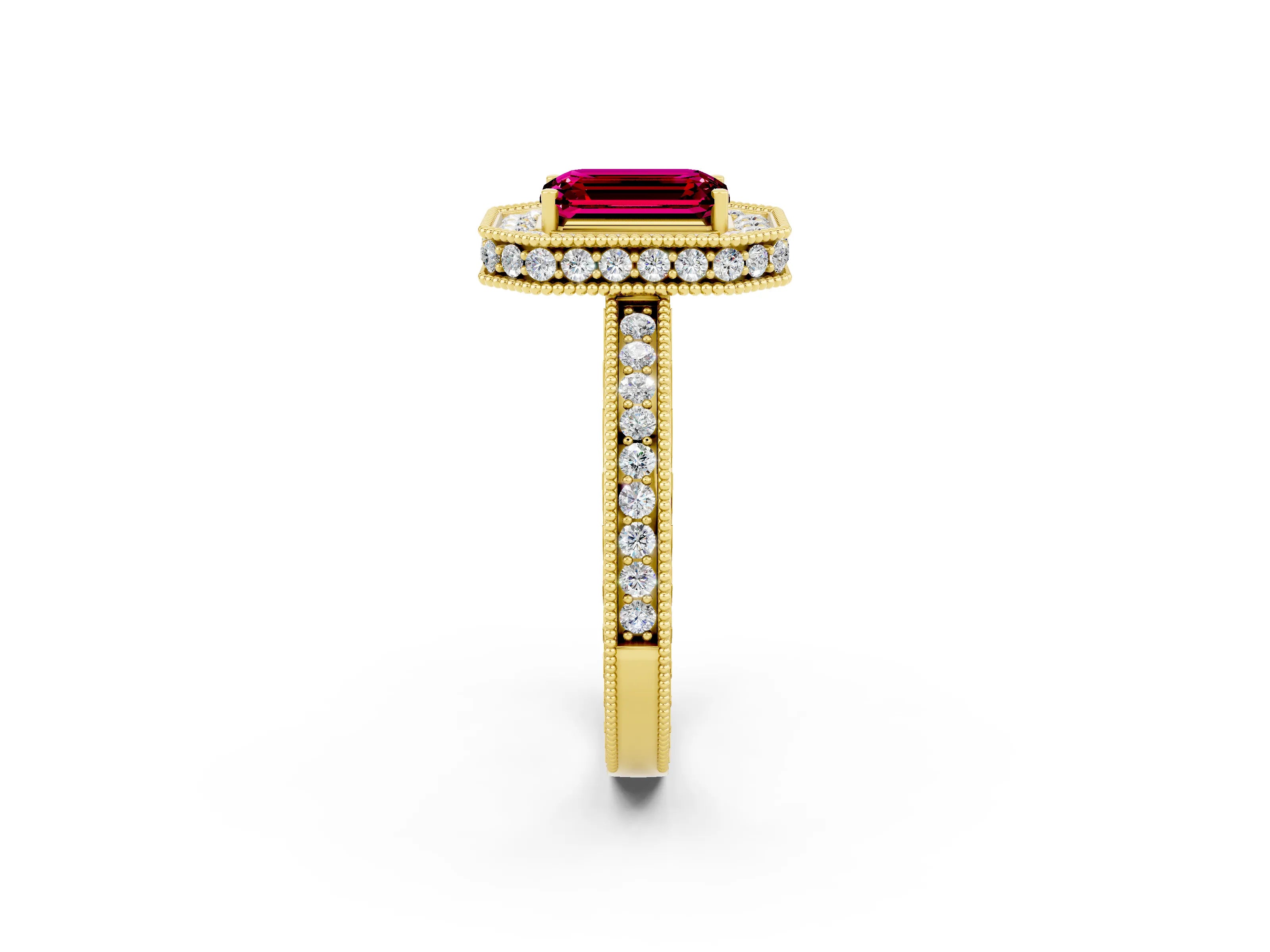 Yellow gold Emerald Cut Halo Diamond Engagement Ring with Milgrain Pave Band and Four-Prong Setting_2