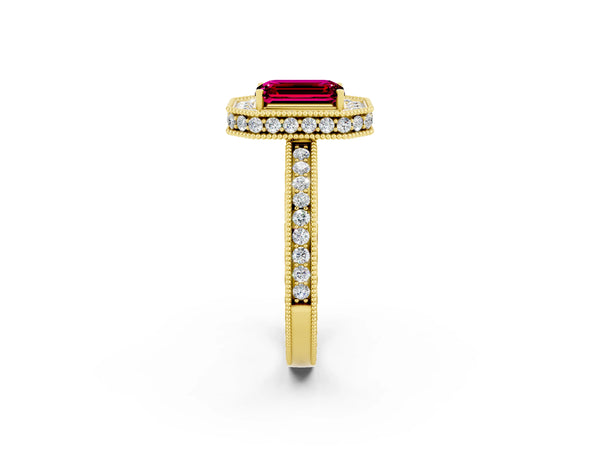 Yellow gold Emerald Cut Halo Diamond Engagement Ring with Milgrain Pave Band and Four-Prong Setting