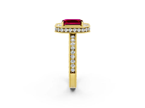 Yellow gold Emerald Cut Halo Diamond Engagement Ring with Milgrain Pave Band and Four-Prong Setting_2