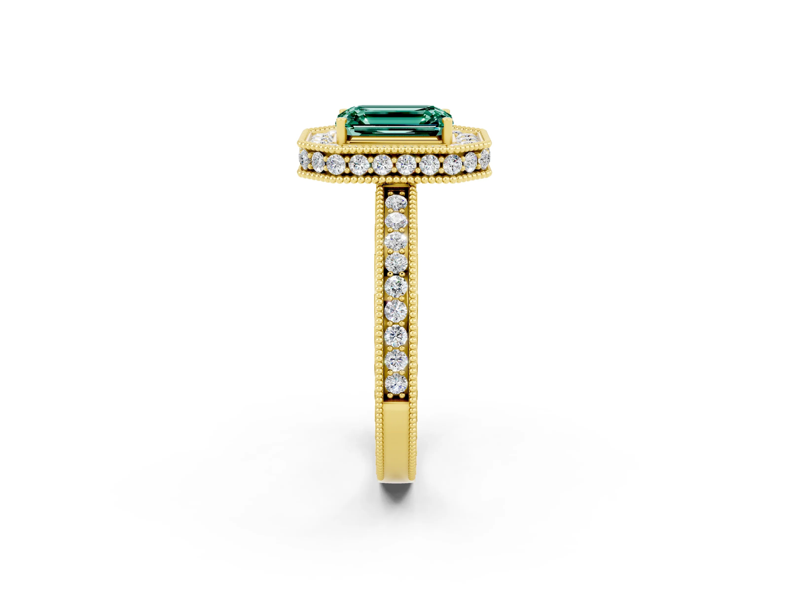 Yellow gold Emerald Cut Halo Diamond Engagement Ring with Milgrain Pave Band and Four-Prong Setting_2