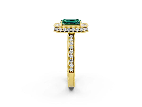 Yellow gold Emerald Cut Halo Diamond Engagement Ring with Milgrain Pave Band and Four-Prong Setting