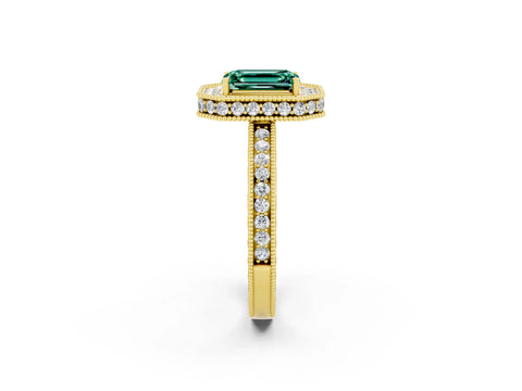 Yellow gold Emerald Cut Halo Diamond Engagement Ring with Milgrain Pave Band and Four-Prong Setting_2