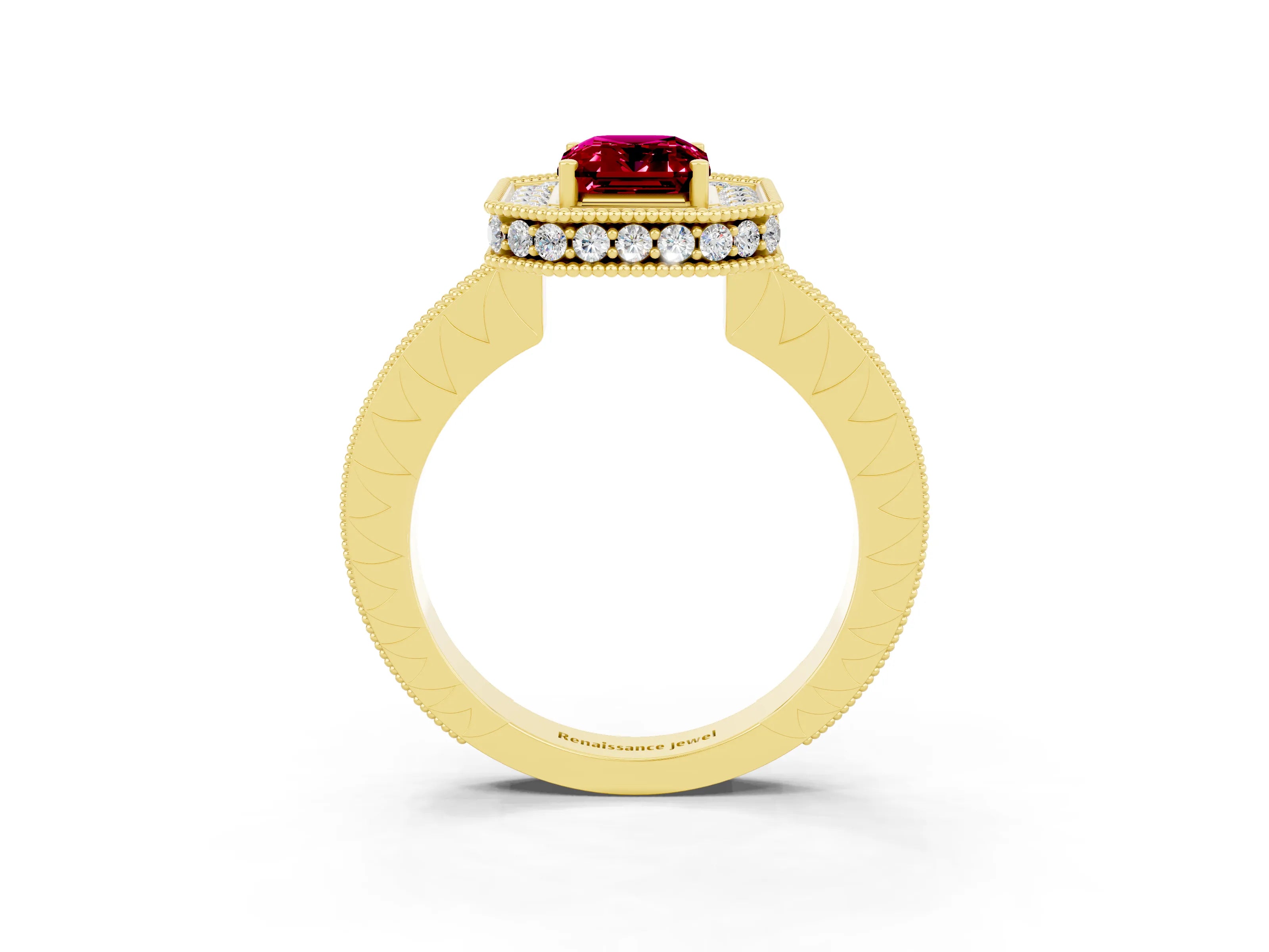 Yellow gold Emerald Cut Halo Diamond Engagement Ring with Milgrain Pave Band and Four-Prong Setting_3