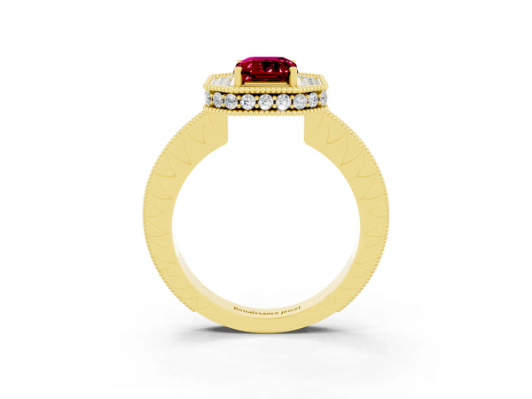 Yellow gold Emerald Cut Halo Diamond Engagement Ring with Milgrain Pave Band and Four-Prong Setting