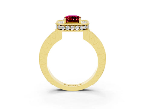 Yellow gold Emerald Cut Halo Diamond Engagement Ring with Milgrain Pave Band and Four-Prong Setting_3