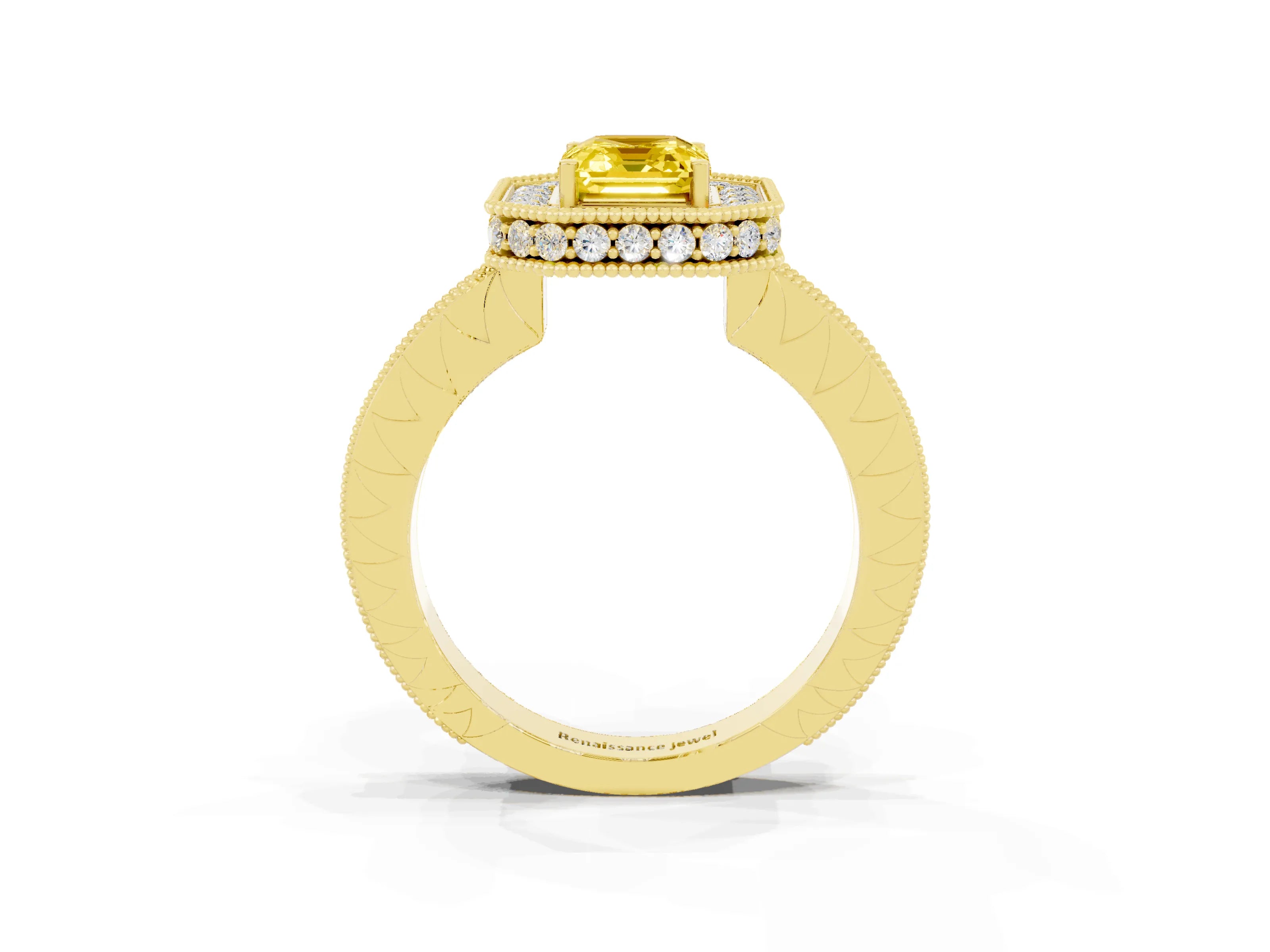 Yellow gold Emerald Cut Halo Diamond Engagement Ring with Milgrain Pave Band and Four-Prong Setting_3