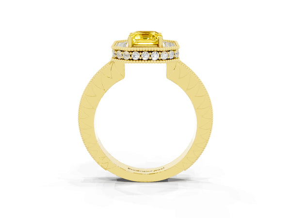 Yellow gold Emerald Cut Halo Diamond Engagement Ring with Milgrain Pave Band and Four-Prong Setting