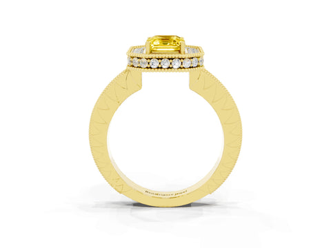 Yellow gold Emerald Cut Halo Diamond Engagement Ring with Milgrain Pave Band and Four-Prong Setting_3