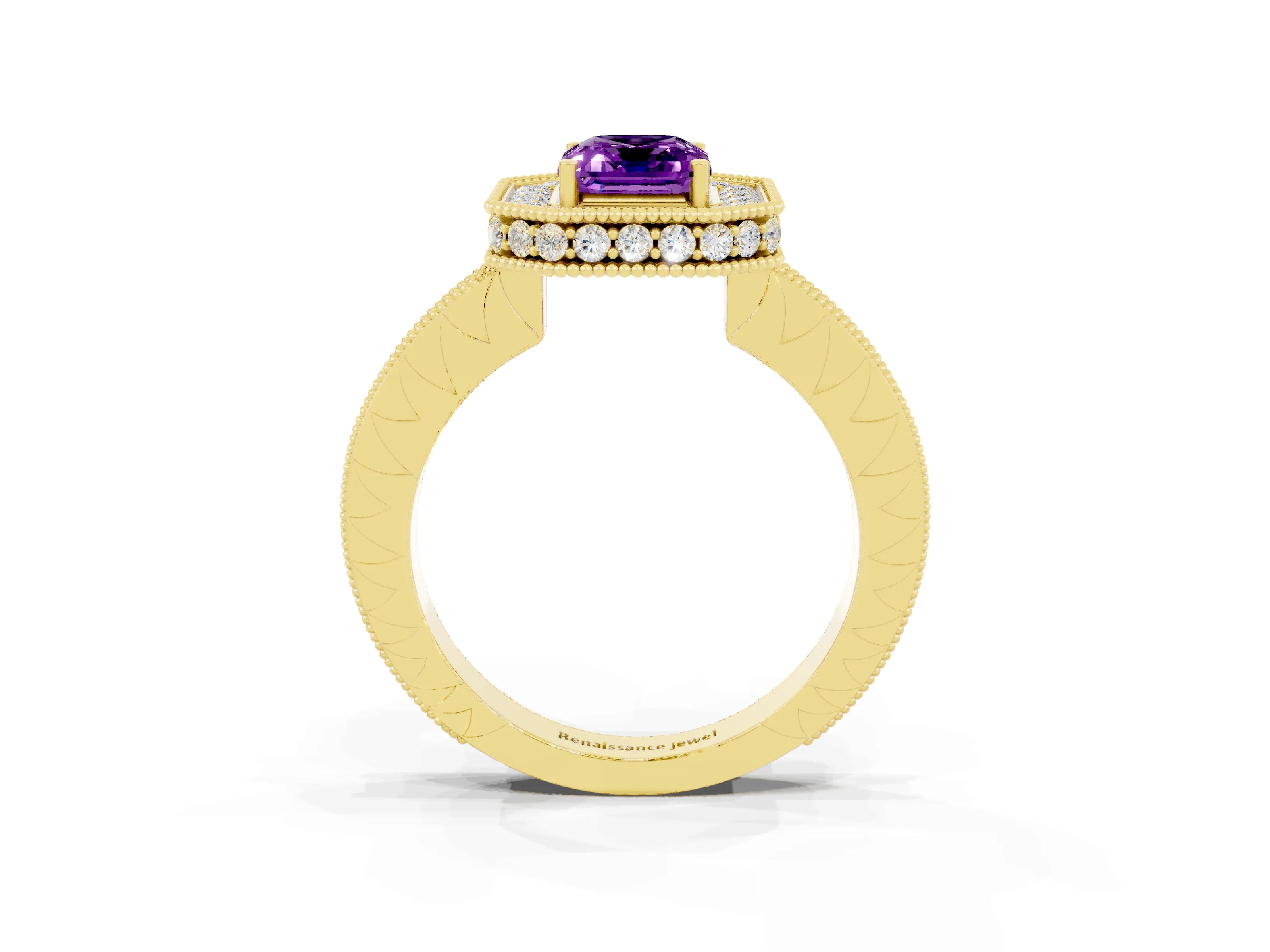Yellow gold Emerald Cut Halo Diamond Engagement Ring with Milgrain Pave Band and Four-Prong Setting_3