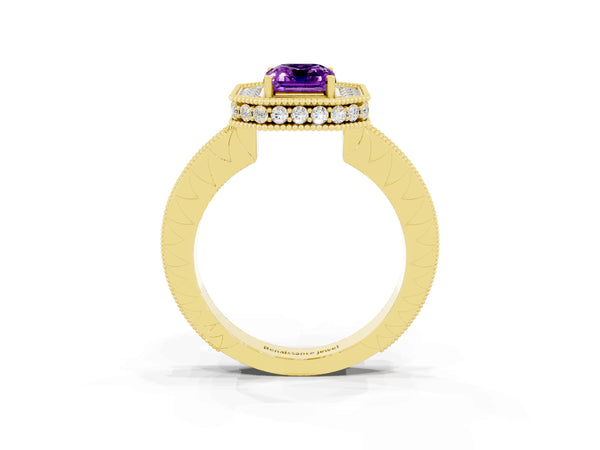 Yellow gold Emerald Cut Amethyst Milgrain Halo Engagement Ring with Round Pavé Band and Prong Setting