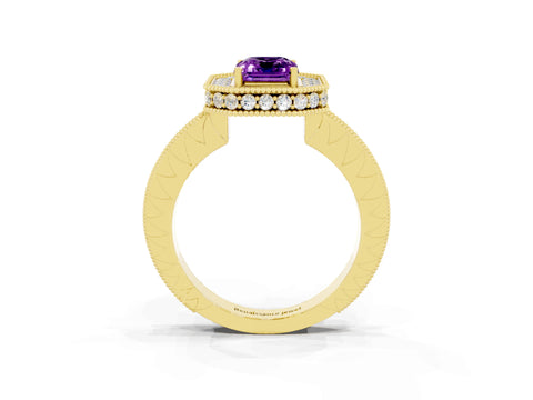 Yellow gold Emerald Cut Halo Diamond Engagement Ring with Milgrain Pave Band and Four-Prong Setting_3