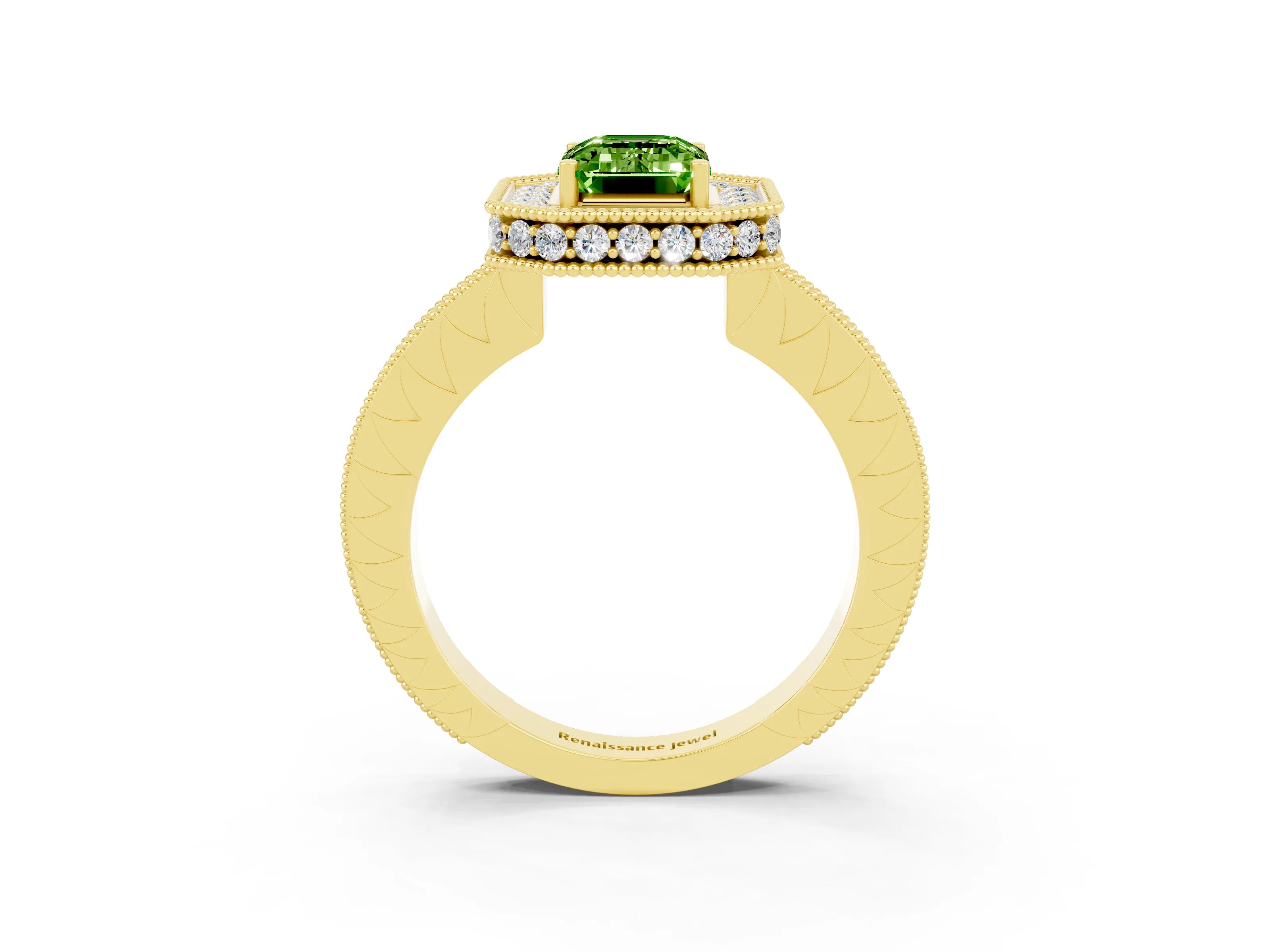 Yellow gold Emerald Cut Halo Diamond Engagement Ring with Milgrain Pave Band and Four-Prong Setting_3