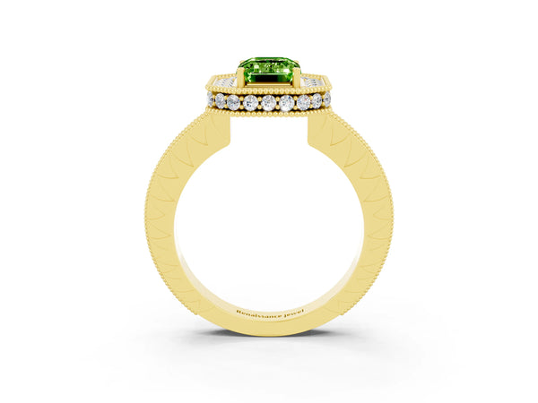 Yellow gold Emerald Cut Halo Diamond Engagement Ring with Milgrain Pave Band and Four-Prong Setting