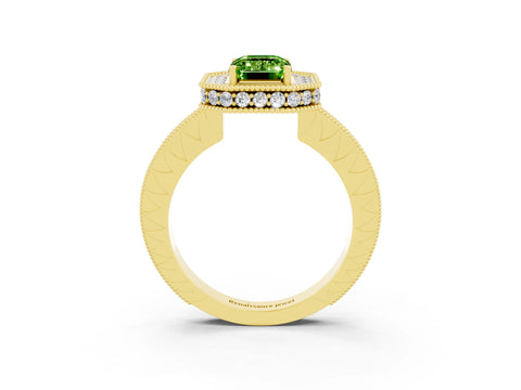 Yellow gold Emerald Cut Halo Diamond Engagement Ring with Milgrain Pave Band and Four-Prong Setting_3