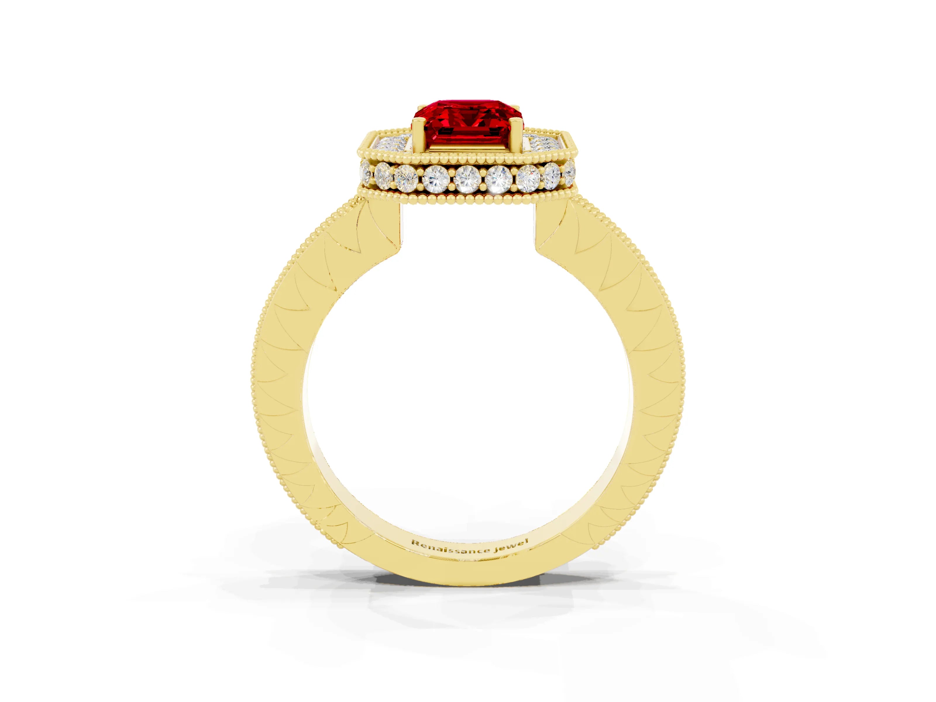 Yellow gold Emerald Cut Halo Diamond Engagement Ring with Milgrain Pave Band and Four-Prong Setting_3
