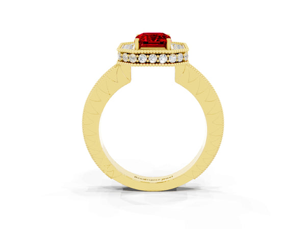 Yellow gold Emerald Cut Halo Diamond Engagement Ring with Milgrain Pave Band and Four-Prong Setting