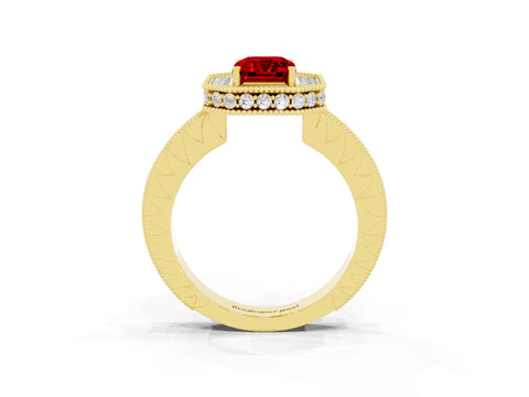 Yellow gold Emerald Cut Halo Diamond Engagement Ring with Milgrain Pave Band and Four-Prong Setting_3