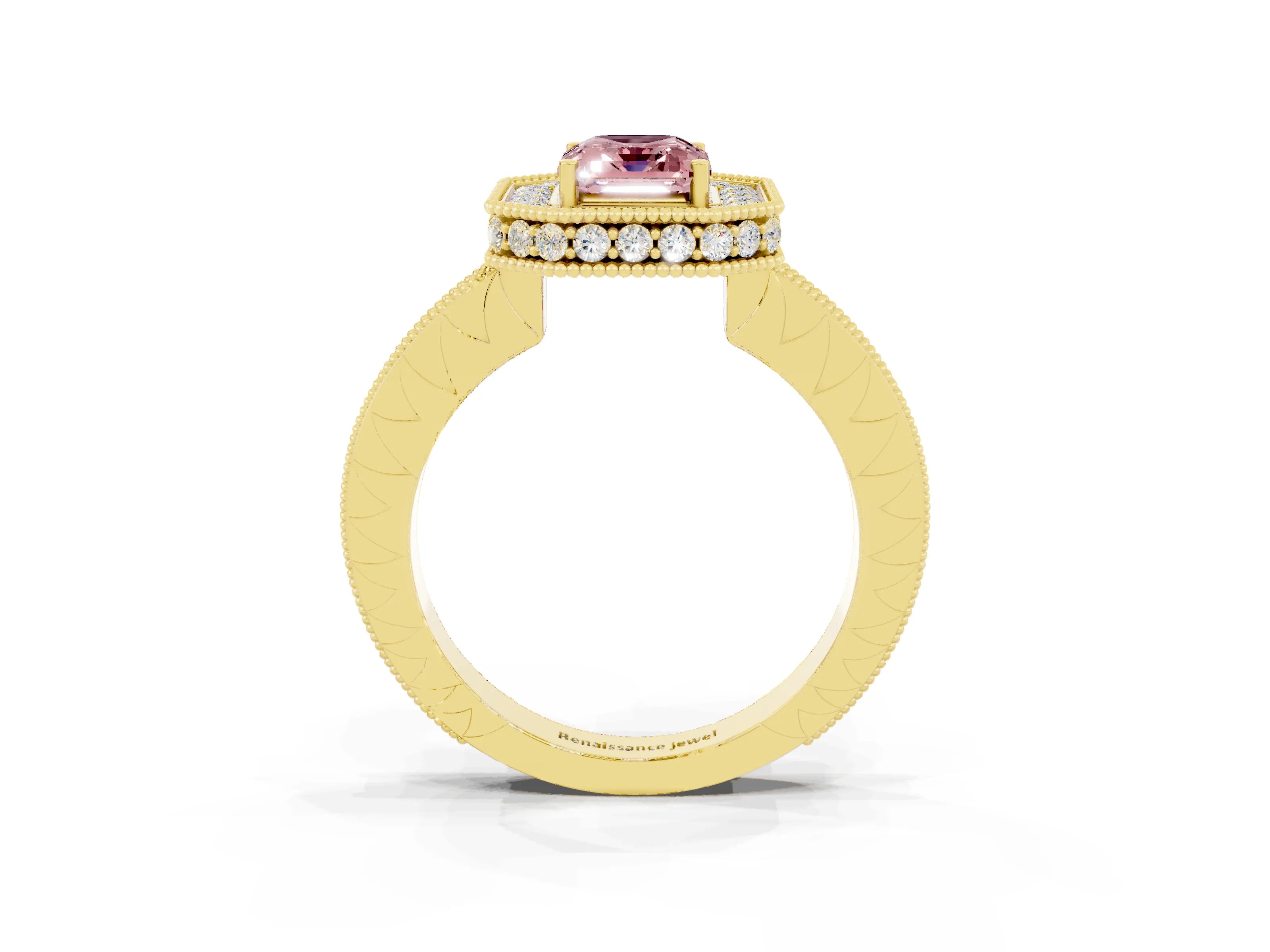 Yellow gold Emerald Cut Halo Diamond Engagement Ring with Milgrain Pave Band and Four-Prong Setting_3